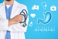 Illustration of stomach and mature doctor with stethoscope on light blue background, closeup