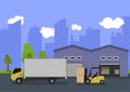 Illustration of a storage area with a warehouse building and a forklift Royalty Free Stock Photo