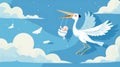 Illustration of a stork and a baby in the sky among the clouds on a soft blue background Royalty Free Stock Photo