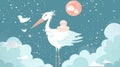 Illustration of a stork and a baby in the sky among the clouds on a soft blue background Royalty Free Stock Photo