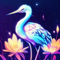 Illustration of a stork on a background of flowers in the night generative AI