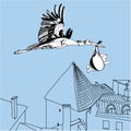 Illustration of stork over the city Royalty Free Stock Photo