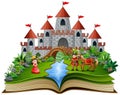 Story book with cartoon princesses and princes in front of a castle Royalty Free Stock Photo