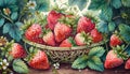 Illustration of strawberries in a decorated metal basket on a wooden table. Banner header image Royalty Free Stock Photo