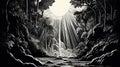 Black And White Waterfall Drawing With Sunlit Moon