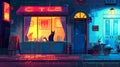 An illustration of a street cafe building exterior at night with a cat in a box. Rain outside a cartoon window in a city Royalty Free Stock Photo