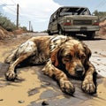 illustration of a street dog lying on road generative AI