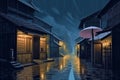 Illustration of a street at night with a lantern and an umbrella, A beautiful artwork illustration of rainy medieval japan AI