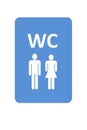 Illustration with a street sign of public toilets, WC, with two persons as figures in it, man and woman at blue background