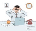 Illustration of stress at work. Young businessman holds his head looking at the monitor. Hair stand on end. A lot of