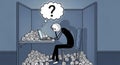 Stressed Stickman Overwhelmed by Workload in Cubicle with Question Mark Thought Bubble Illustration Royalty Free Stock Photo