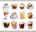 Set with diferent coffee drinks for cafe or coffeehouse menu.