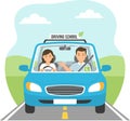 Flat Illustration Student Driver with Instructor in Driving School Car Royalty Free Stock Photo