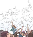 Illustration of students celebrating victory, graduation, freedom with sheets of paper thrown in the air