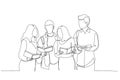 Illustration of students study in library, young people spend time together and search information. Single line art style