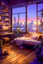 Illustration of studio apartmen with a night city view from the window, interior in purple tones. Generative AI