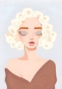 Illustration of a Stunning Blonde Retro Style Woman in Light brown Polka Dot Dress, and Full lips