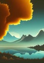 An illustration of a stunning forest scene featuring a lake and tall mountains Royalty Free Stock Photo