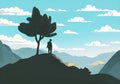 Illustration of stunning mountain scenery with a silhouetted hiker and a blue sky with white clouds