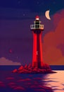 Illustration of a Stunning Red Lighthouse on a Rocky Cliff in a Coastal Night Scene with a Full Moon