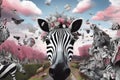 Illustration in style of digital collages with zebra. Animals contemporary art collage. Concept of digitalization, NFT