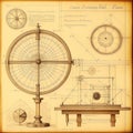 An illustration in the style of an old blueprint. Astrolabe is depicted in the style of a pencil drawing