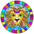 Stained glass illustration with  abstract rainbow lion head on a blue background, oval image in bright frame Royalty Free Stock Photo