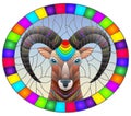 Stained glass illustration with  abstract  ram head on a blue background oval image in bright frame Royalty Free Stock Photo