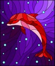 Stained glass illustration with a abstract red dolphin on the background of water and air bubbles Royalty Free Stock Photo