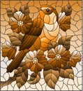An illustration in the style of stained glass with a beautiful bird on a background of branch of tree withflowers and sky Royalty Free Stock Photo