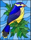 Stained glass illustration with a beautiful blue bird on a background of branch