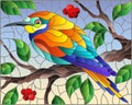 Stained glass illustration with a beautiful bright bird on a background of branch of tree with berryes and sky