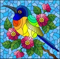 Stained glass illustration with a beautiful bright bird on a background of branch of tree with pink flowers and sky, rectangula