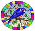 Stained glass illustration with a beautiful bright blue bird on a background of branch of tree with berryes and sky, oval image