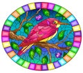 Stained glass illustration with a beautiful bright pink bird on a background of branch of tree with berryes and sky, oval image i