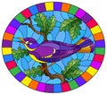 Contour set with a beautiful bright purple bird on a background of branch of tree and sky,oval image in bright frame