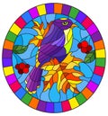 Stained glass illustration with a beautiful bright purple bird on a background of branch of tree and sky,oval image in bright