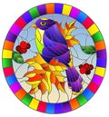 Stained glass illustration with a beautiful bright purple bird on a background of branch of tree and sky,oval image in bright