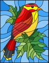 Stained glass illustration with a beautiful red bird on a background of branch of maple tree and sky