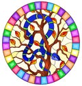 Stained glass illustration with  blued snake on the tree on yellow background, oval image in bright frame Royalty Free Stock Photo