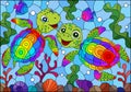 Stained glass illustration with bright cartoon turtles on the background of the sea floor, fish and water Royalty Free Stock Photo