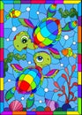 Stained glass illustration with  bright cartoon turtles on the background of the sea floor, fish and water, in a bright frame Royalty Free Stock Photo
