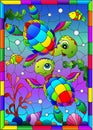 Stained glass illustration with bright cartoon turtles on the background of the sea floor, fish and water, in a bright frame Royalty Free Stock Photo