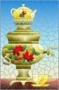 Stained glass illustration with a bright painted samovar and a cup on the table on a blue background