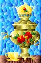 An illustration in the style of stained glass with a bright painted samovar and a cup on the table on a blue background