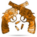 An illustration in the style of stained glass with composition of revolver and bullets, isolated on a white background