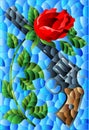 An illustration in the style of stained glass with crossed rose flower and revolver, on a blue background