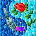 An illustration in the style of stained glass with crossed rose flower and revolver, on a blue background