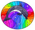 Stained glass illustration with  dolphin on a rainbow background  and air bubbles Royalty Free Stock Photo