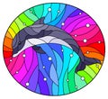 Stained glass illustration with dolphin on a rainbow background  and air bubbles Royalty Free Stock Photo